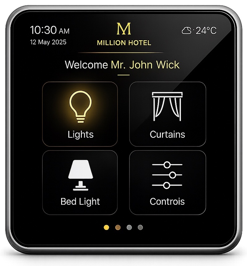 DasKlug smart touch panel showing the Room Control screen with Lights, Curtains, Bed Light and Controls