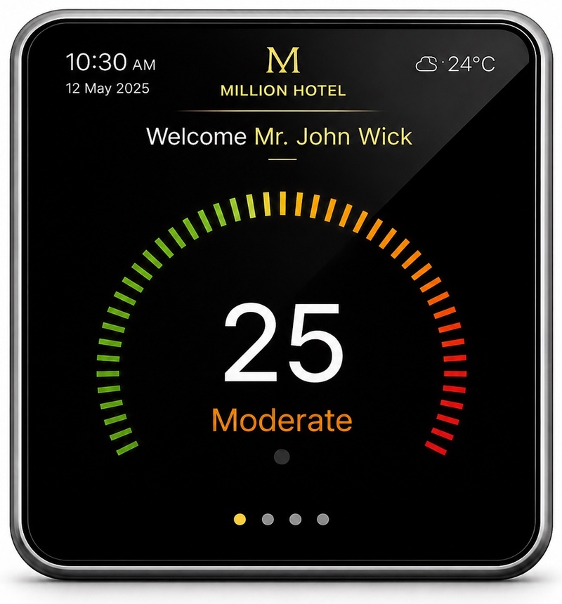 DasKlug smart touch panel showing the Thermostat screen with a 25 Moderate air quality gauge