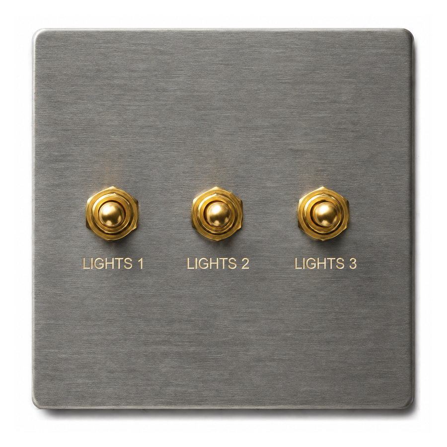DasKlug 3 Gang Toggle — Lights 1 / 2 / 3 — brushed steel, brass toggles