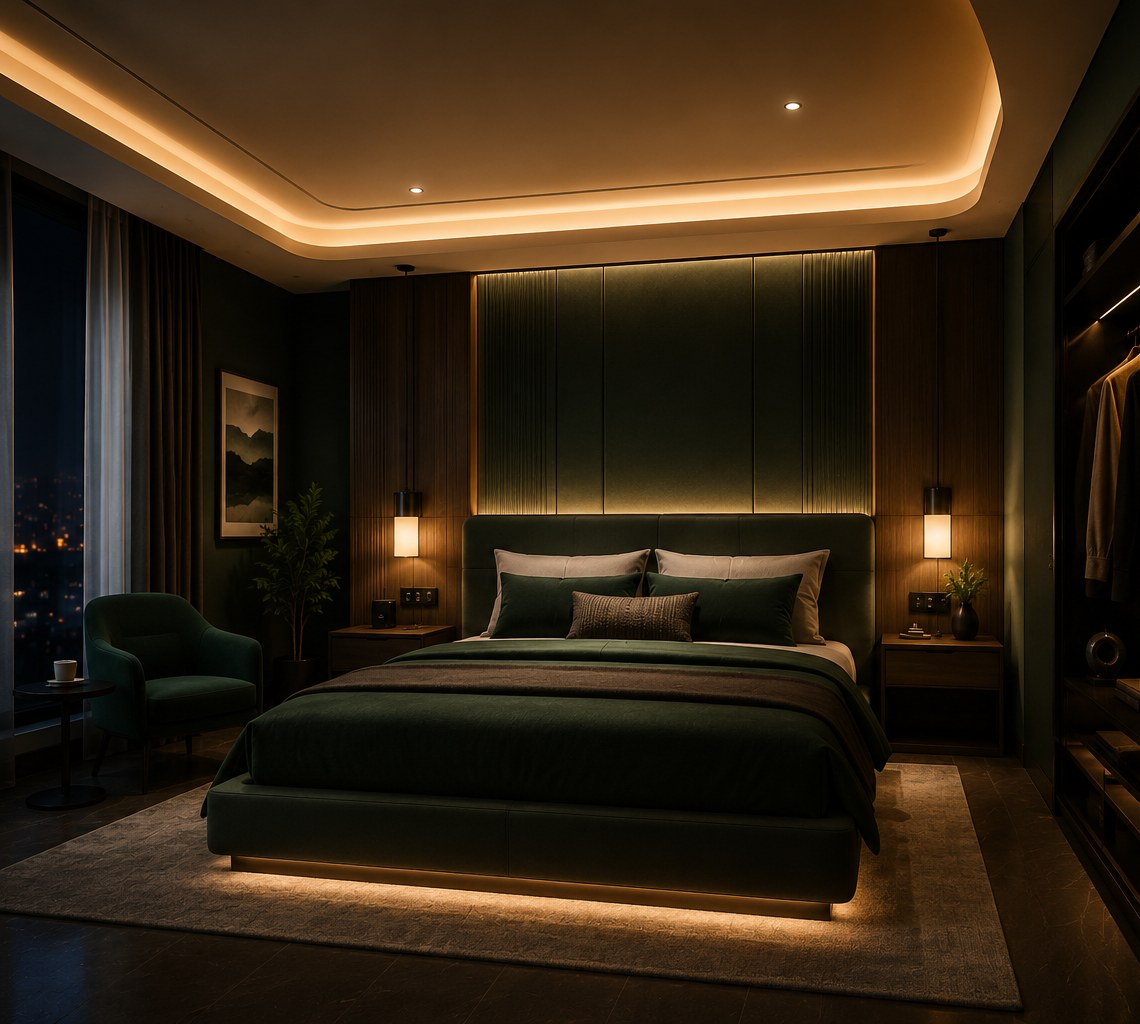 DasKlug-controlled hotel guest room at night, with ceiling, cove, wall, bedside and under-bed lighting